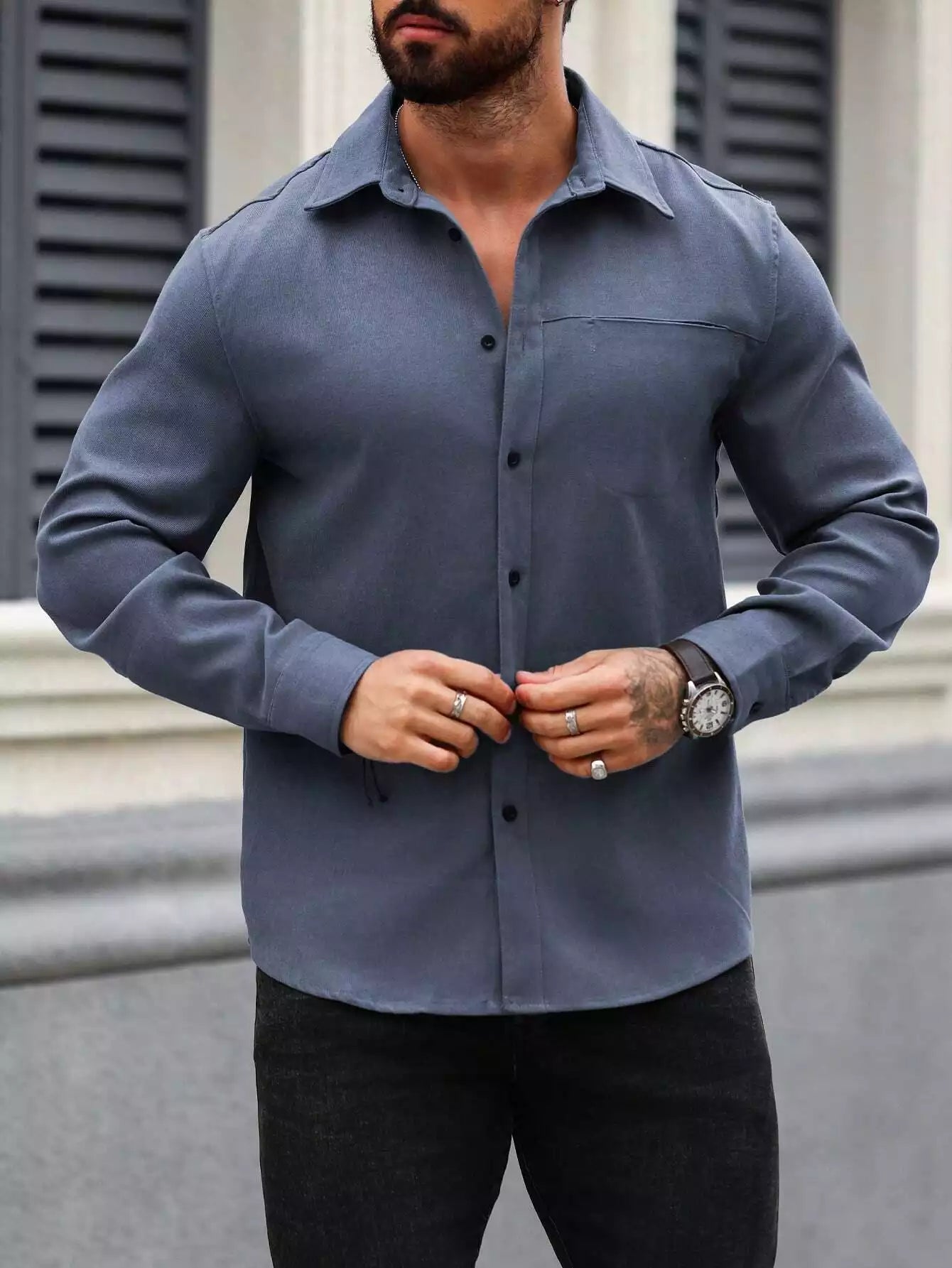 Men Spring And Summer Solid Color Loose Casual Long-Sleeved Shirt Blue Color