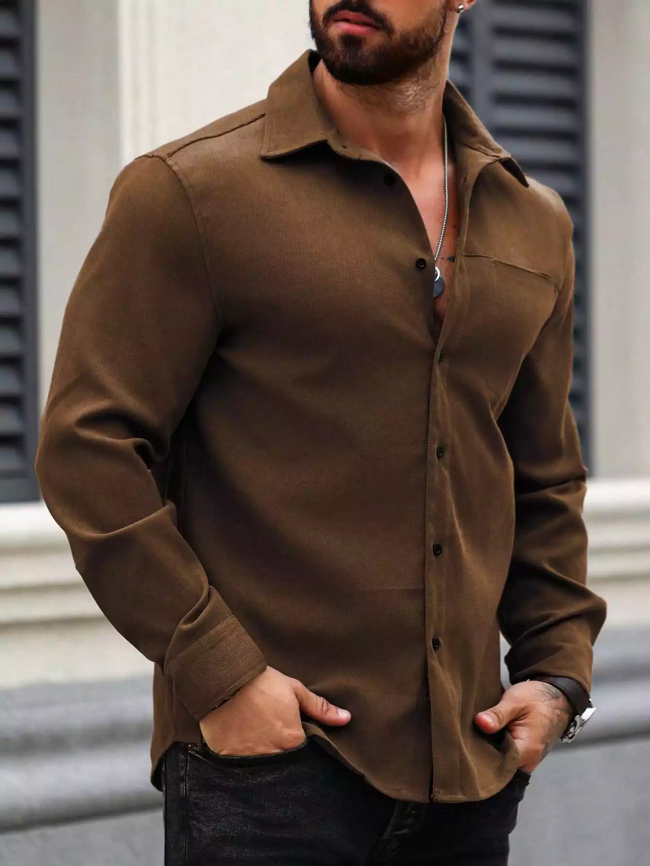 Men Spring And Summer Solid Color Loose Casual Long-Sleeved Shirt Brown Color