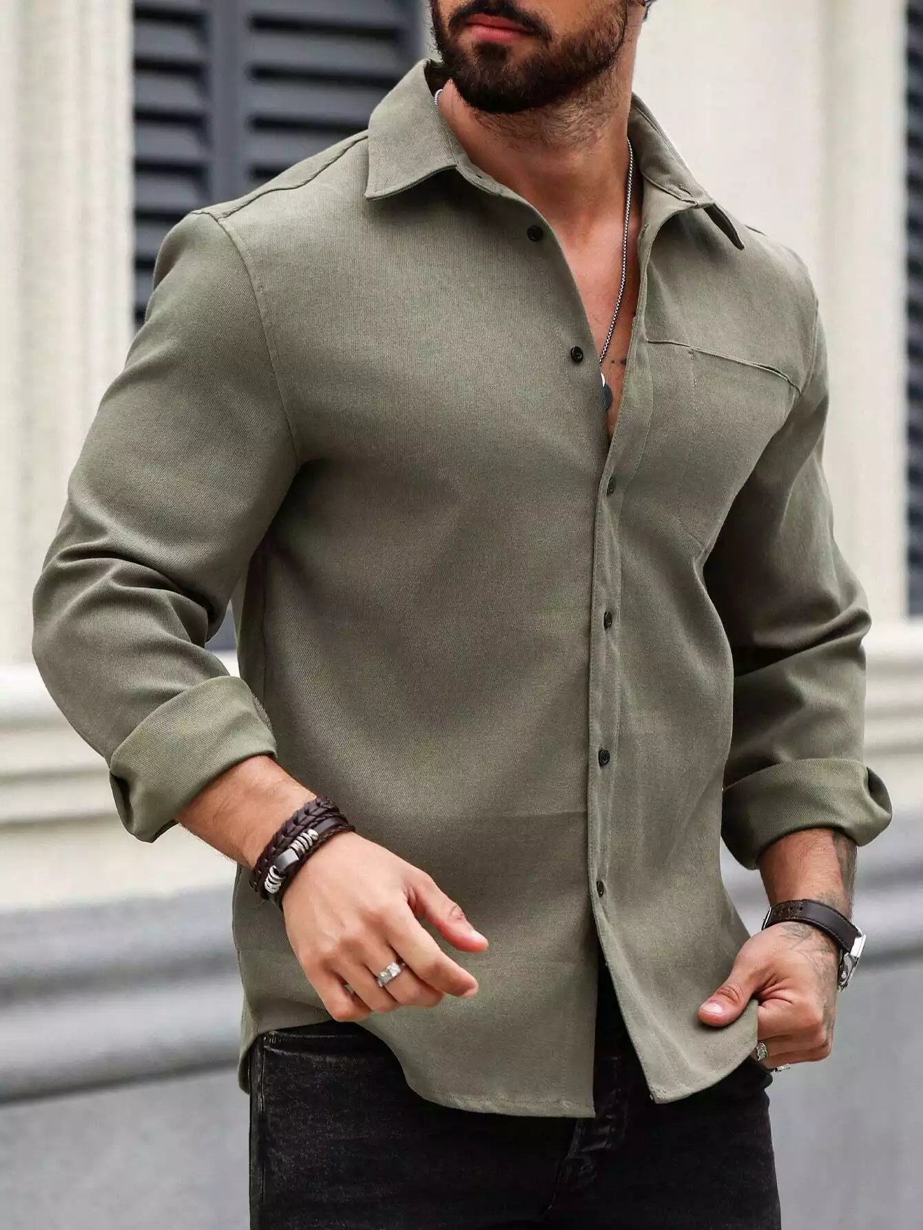 Men Spring And Summer Solid Color Loose Casual Long-Sleeved Shirt Army Green Color