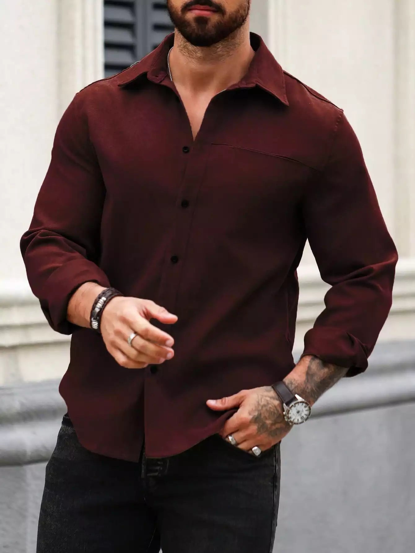 Men Spring And Summer Solid Color Loose Casual Long-Sleeved Shirt Burgundy Color