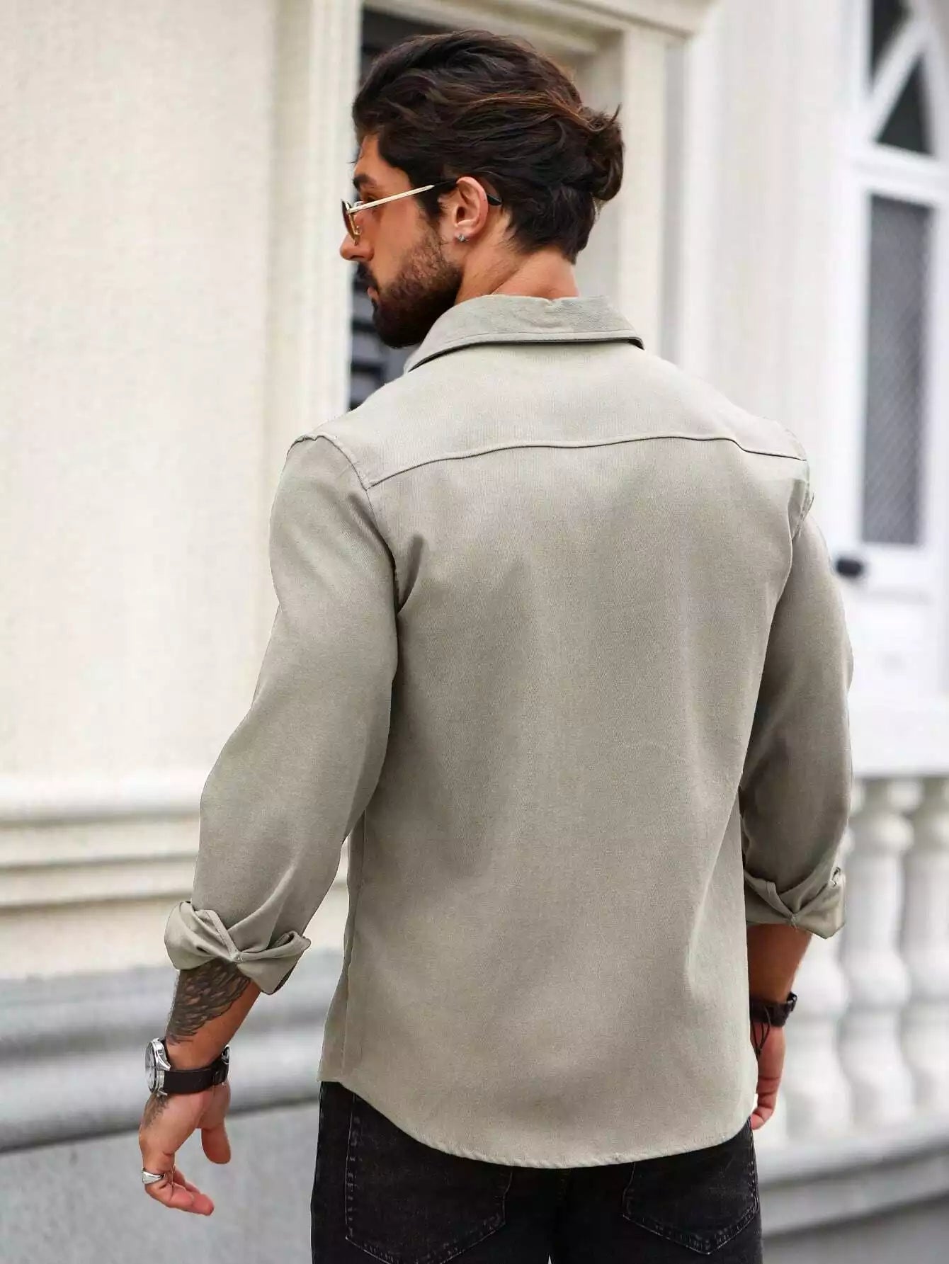 Men Spring And Summer Solid Color Loose Casual Long-Sleeved Shirt Grey Color