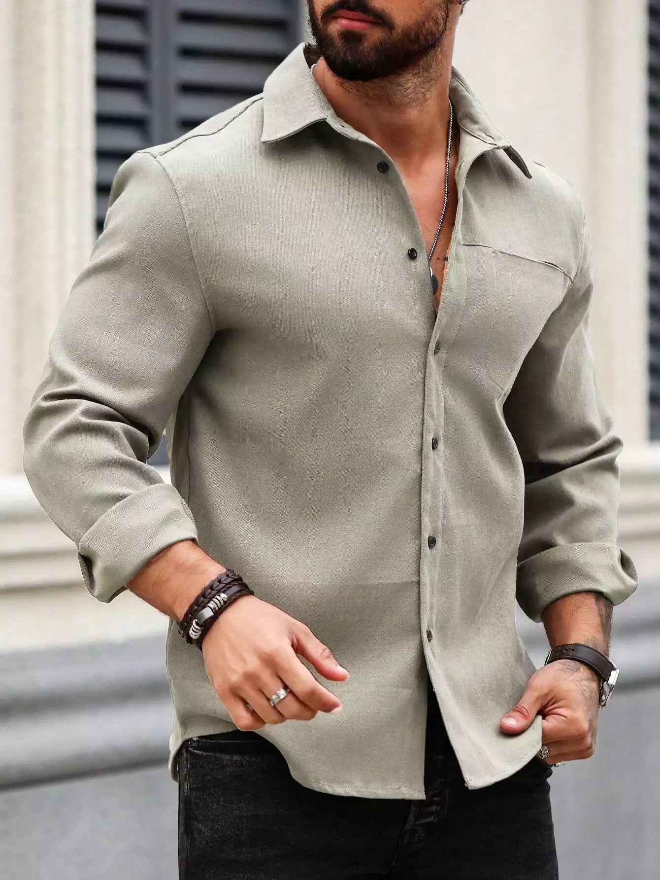 Men Spring And Summer Solid Color Loose Casual Long-Sleeved Shirt Grey Color