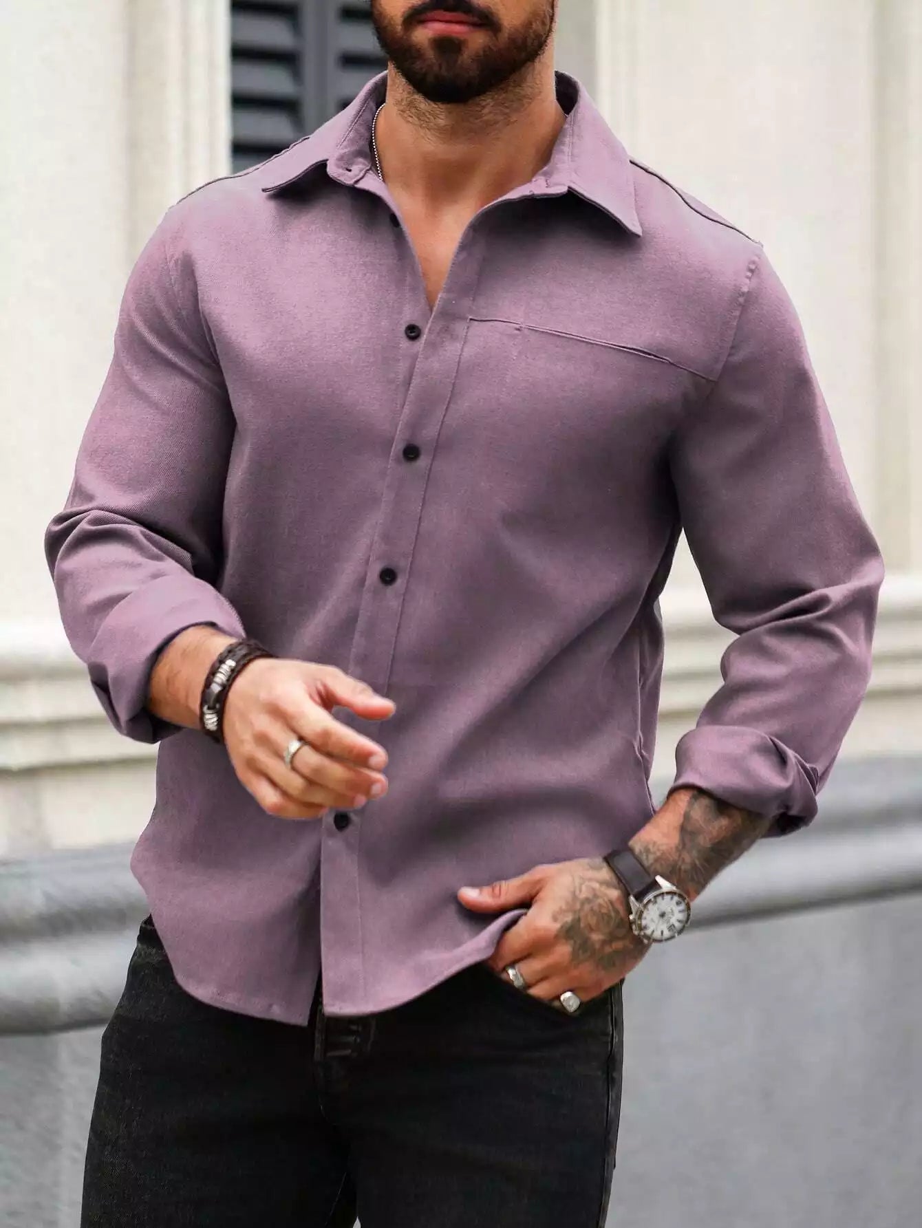 Men Spring And Summer Solid Color Loose Casual Long-Sleeved Shirt Purple Color