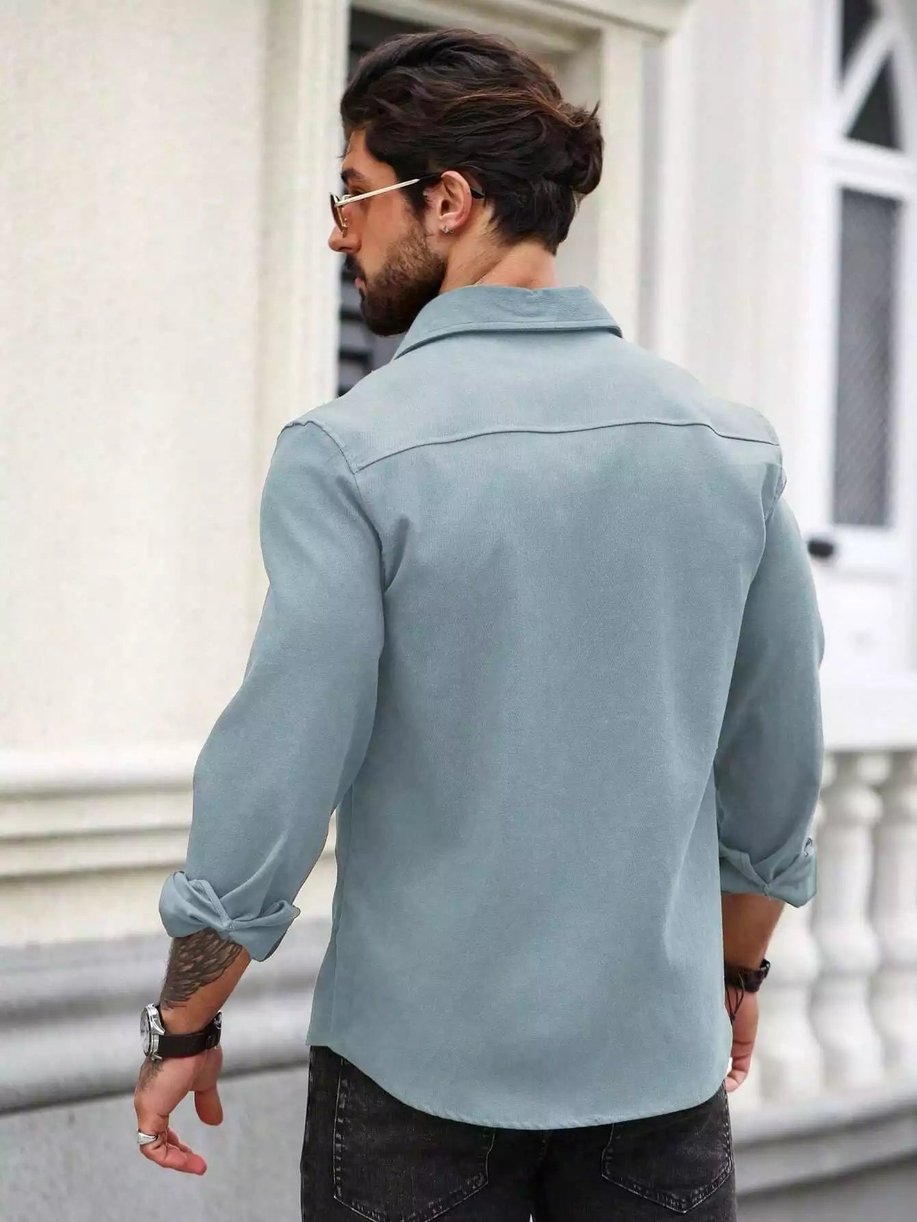 Men Spring And Summer Solid Color Loose Casual Long-Sleeved Shirt Sky Blue Color