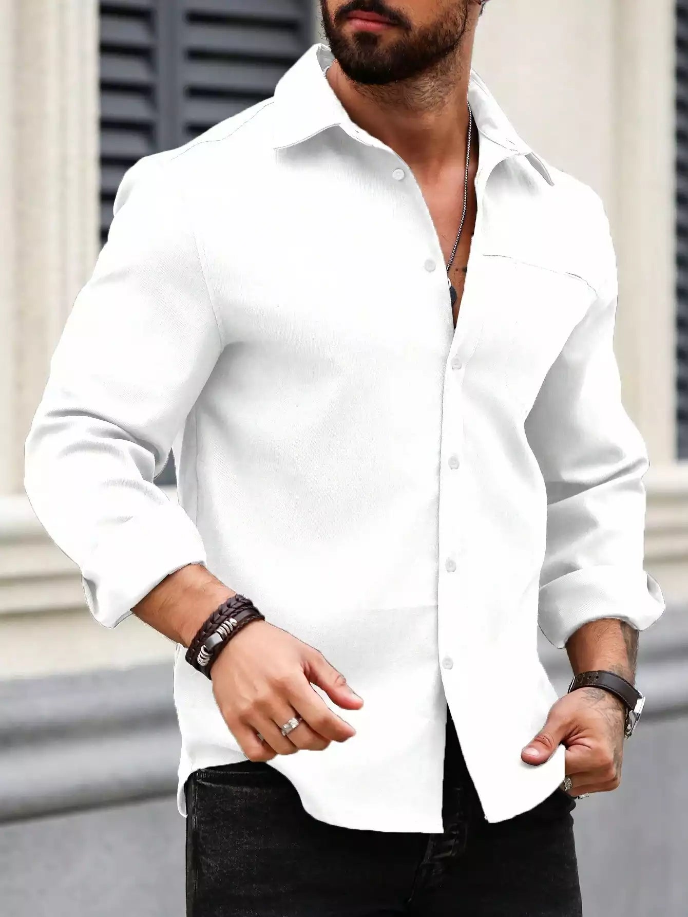 Men Spring And Summer Solid Color Loose Casual Long-Sleeved Shirt White Color